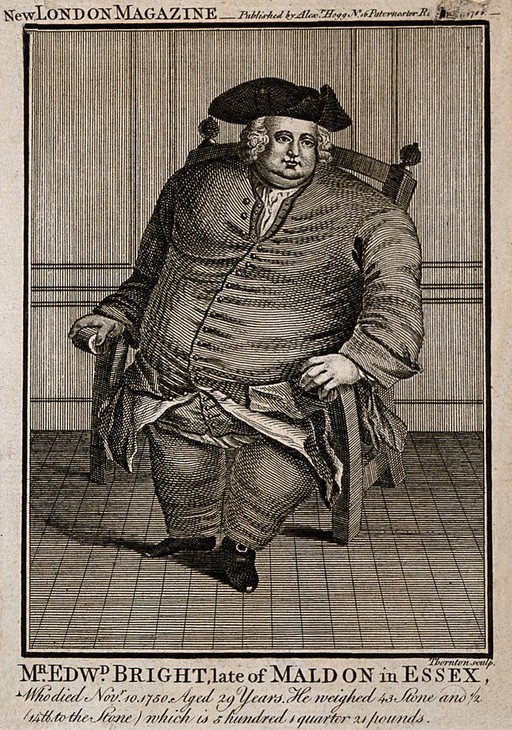 Edward Bright, a man weighing forty three and a half stone. Engraving by Thornton, 1786.