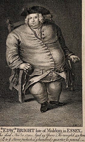 Edward Bright, a man weighing forty three and a half stone. Line engraving by A. Walker, 1751.