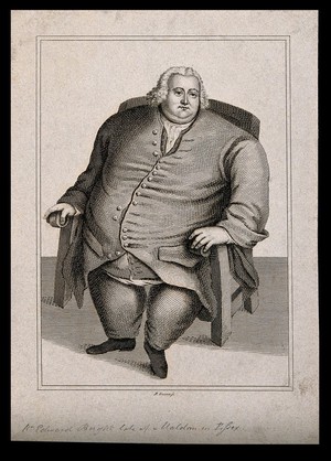 view Edward Bright, a man weighing forty three and a half stone. Line engraving by R. Graves.