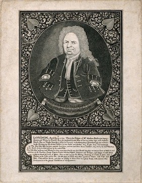 Matthias Buchinger, a phocomelic man. Engraving after M. Buchinger, 1724.