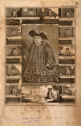 Matthias Buchinger, a phocomelic man, with thirteen scenes representing his performances. Engraving by L. Beger after Elias Baeck.