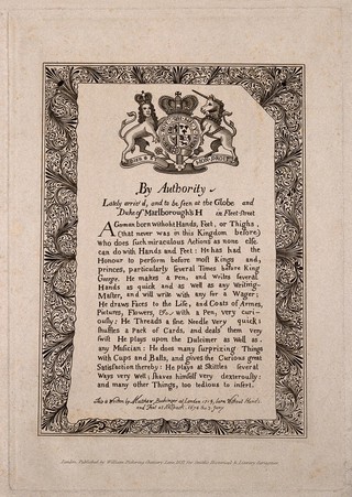 A notice advertising himself by Matthias Buchinger, a phocomelic man. Etching, 1837, in facsimile of a printed notice, 1716.
