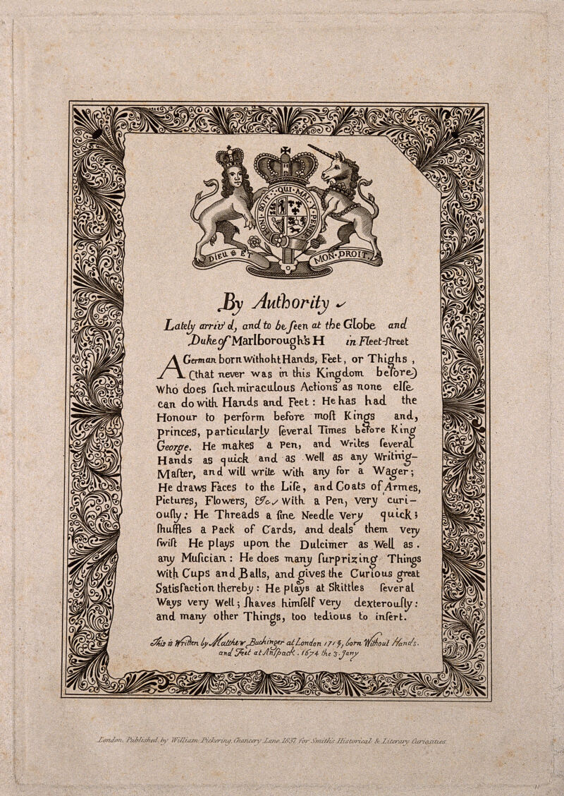 A notice advertising himself by Matthias Buchinger, a phocomelic man. Etching, 1837, in facsimile of a printed notice, 1716., 1837, by Matthias Buchinger