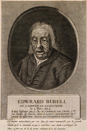 Edward Burell, a very old man. Engraving by Leclerc after T.H. Hull, 1772.