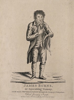 view James Burns, a ventriloquist. Engraving, 1804.