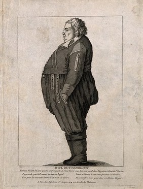 Paul Butterbrodt, a man weighing 476 pounds. Engraving.