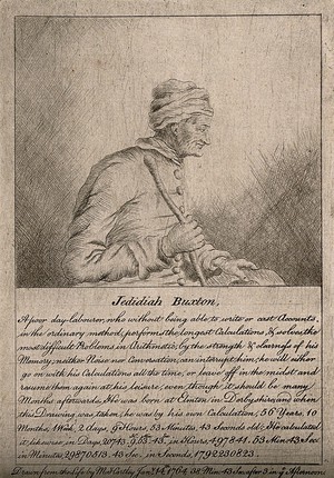 view Jedediah Buxton, a mental calculator. Etching by Mary Hartley, 1764.