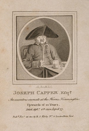 view Joseph Capper, an eccentric. Stipple engraving by G. Scott.