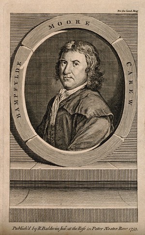 view Bampfylde Moore Carew, a vagabond. Line engraving, 1753.