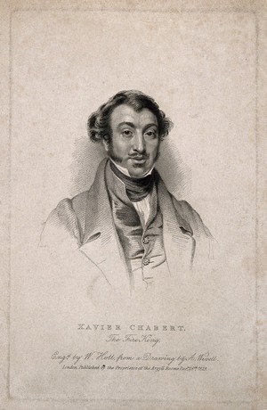 view Xavier Chabert, a fire eater. Stipple engraving by W. Holl, 1829, after A. Wivell.