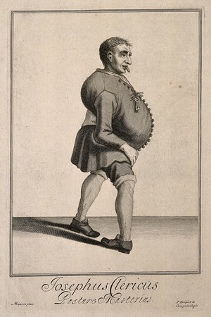 view Joseph Clark, a contortionist. Line engraving by P. Tempest after M. Laroon.