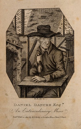 Daniel Dancer, a miser. Etching by G. Scott, 1805.