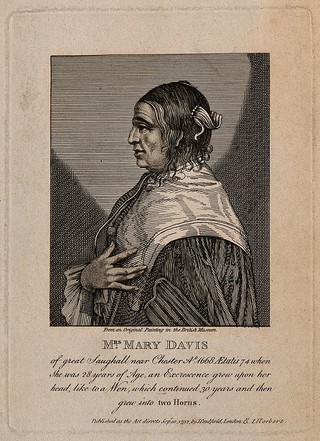 Mary Davis, a woman with horns, aged 74. Engraving, 1792.
