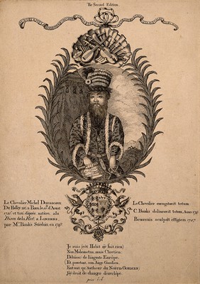 Le Chevalier Michel Descazeaux du Halley, an eccentric. Etching by Beauvais, 1747, after C. Banks, 1746, after M. Descazeaux du Halley.