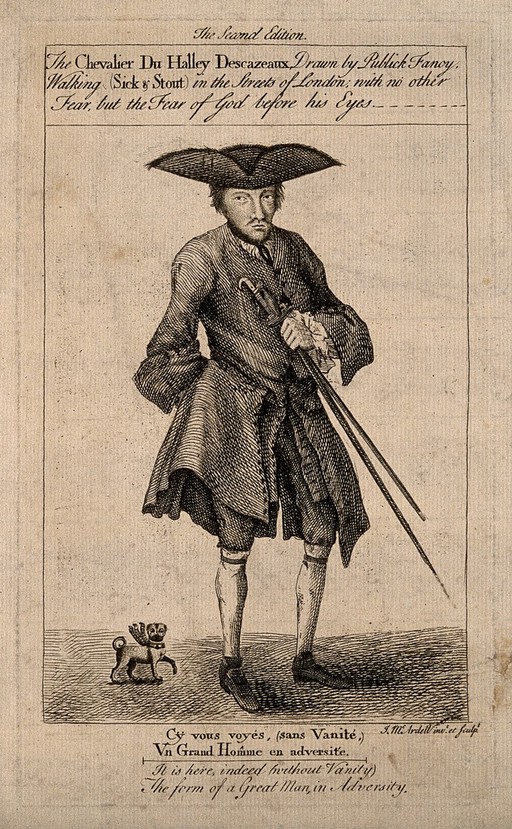 Le Chevalier Michel Descazeaux du Halley, an eccentric. Etching by J. MacArdell.