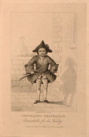 view Le Chevalier Michel Descazeaux du Halley, an eccentric. Stipple engraving by R. Cooper, 1821.