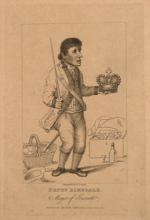 view Henry Dimsdale, an eccentric who calls himself 'Mayor of Garratt'. Stipple engraving by R. Cooper.