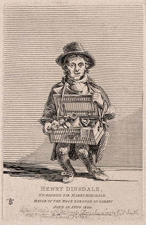 view Henry Dimsdale, an eccentric muffin seller who calls himself 'Mayor of Garratt'. Etching, 1800, after J.T. Smith.