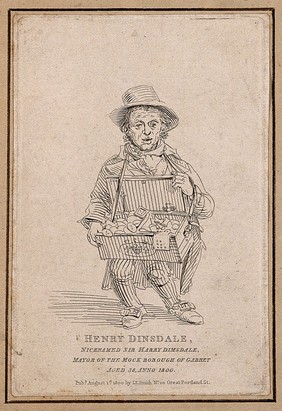 Henry Dimsdale, an eccentric muffin seller who calls himself 'Mayor of Garratt'. Etching, 1815, after J.T. Smith.