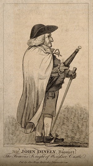 view Sir John Dineley-Goodere, an eccentric baronet of Burhope in Herefordshire, resident in Windsor. Etching.