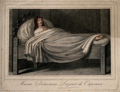 Maria Domenica Lazzari (Lazzeri), a woman displaying stigmata. Coloured engraving, ca. 1840.