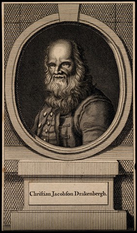 Christian Jacobsen Drakenberg, a very old man. Line engraving.