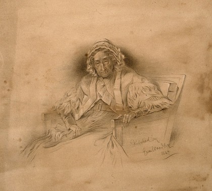 Mrs Anne Drury-Lowe, aged 102. Pencil drawing by G. Woodley, 1849 (?).