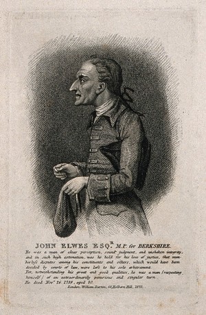 view John Elwes, a miser. Stipple engraving, 1822.