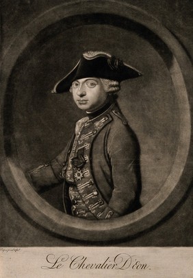 Le Chevalier D'Éon, a man who passed as a woman. Mezzotint by Vispré.