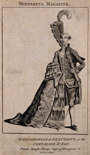 view Le Chevalier D'Éon, a man who passed as a woman: shown half in woman's, half in man's attire. Engraving.