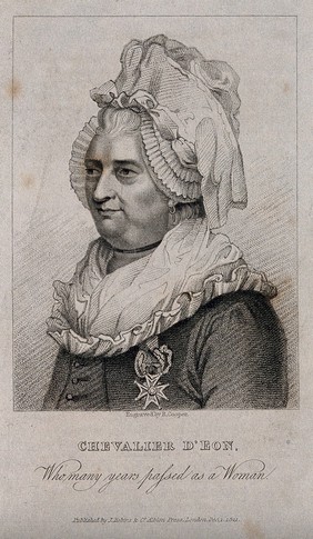 Le Chevalier D'Éon, a man who passed as a woman. Stipple engraving by R. Cooper, 1821.