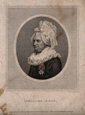 view Le Chevalier D'Éon, a man who passed as a woman. Stipple engraving by R. Cooper, 1810.