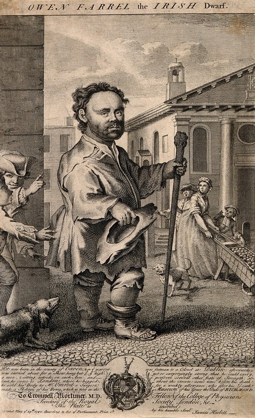 Owen Farrell, a dwarf. Engraving by J. Hulett, 1742, after H. Gravelot.