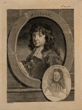 Richard Gibson, a dwarf to Charles I, with a small roundel of Anne Gibson, his wife. Line engraving by A. Walker.