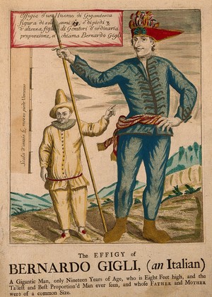 view Bernardo Gigli, a giant. Coloured engraving.