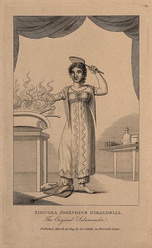 view Josephine Girardelli, a woman impervious to fire. Steel engraving, 1819.