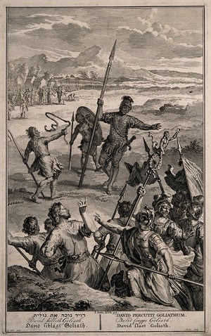 view The combat between David and Goliath. Line engraving by P. Sluiter after G. Hoet.