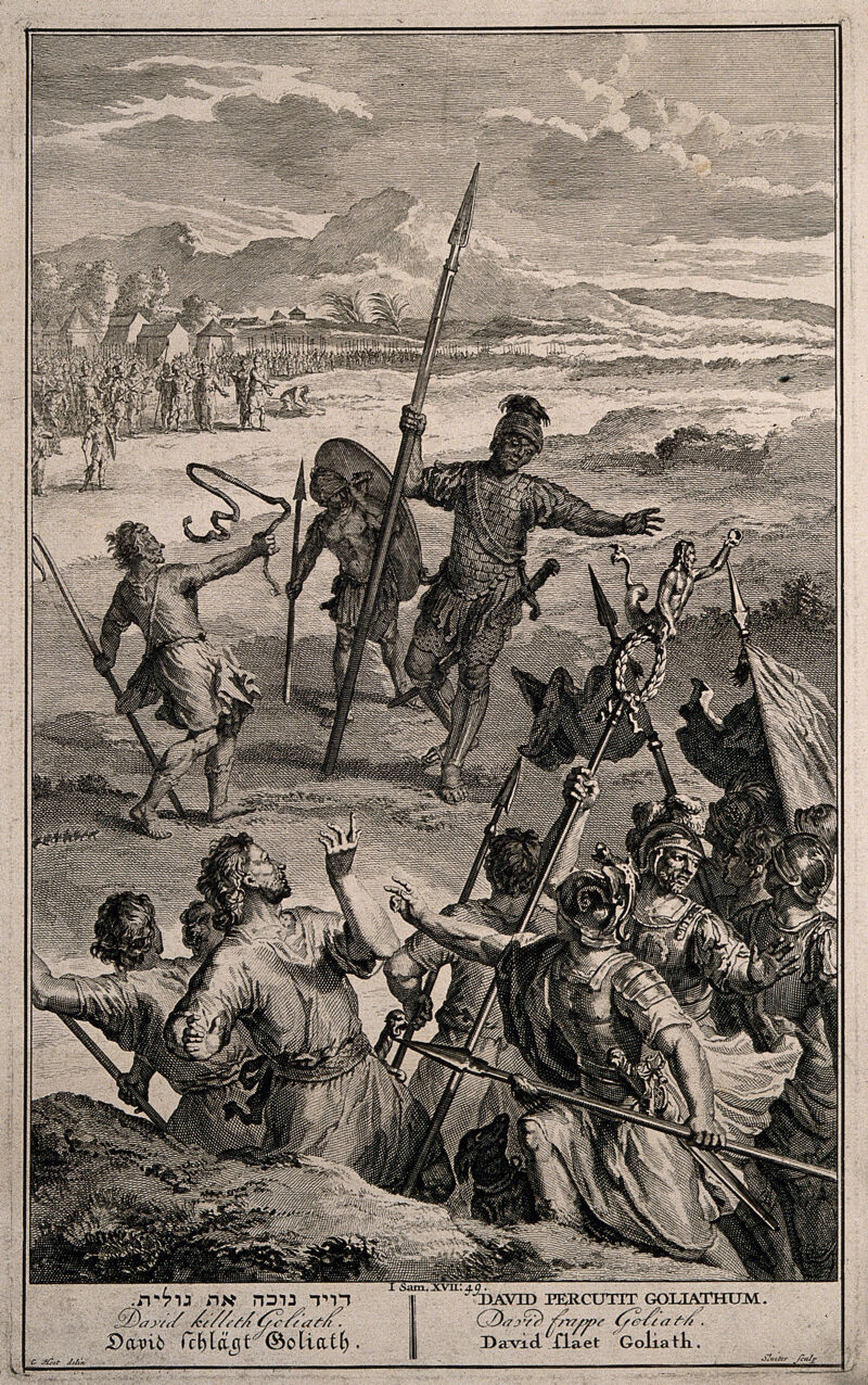 The combat between David and Goliath. Line engraving by P. Sluiter after G. Hoet., by Gerard Hoet