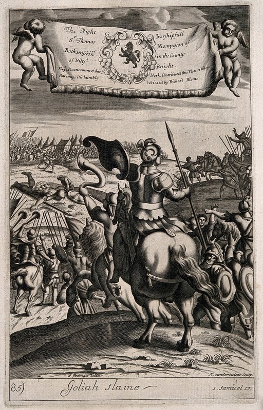 David slaying Goliath. Line engraving by M. Vandercuicat after G. Freman