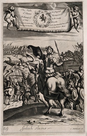 view David slaying Goliath. Line engraving by M. van der Gucht after G. Freman.