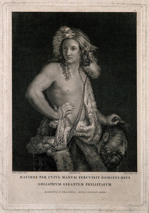 David with Goliath's head. Line engraving by D. Cunego after Zannettini after G.C. Cagnacci.