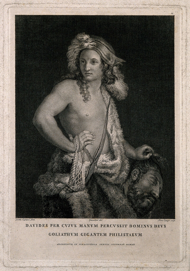 David with the head of Goliath. Line engraving by D. Cunego after Zannettini after G. Cagnacci., by Guido Cagnacci