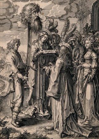 David with the head of Goliath on his sword. Line engraving attributed to P. de Jode after J.P. Saenredam, 1600, after L. van Leyden.