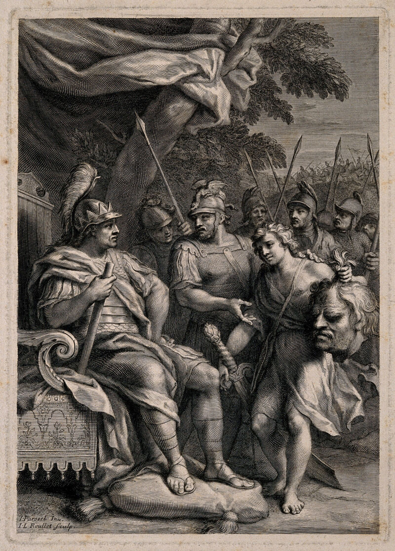 David with the head of Goliath before Saul. Line engraving by J.L. Roullet after J. Parrocel., by Joseph Parrocel