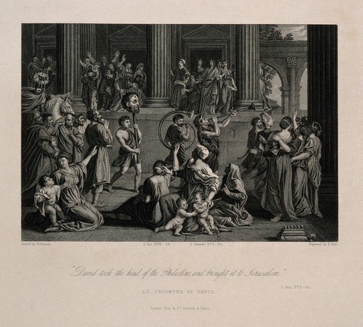 David parading the head of Goliath. Engraving by F. Holl after N. Poussin.