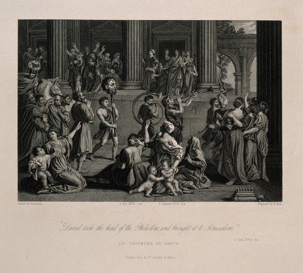 David parading the head of Goliath. Engraving by F. Holl after N. Poussin.
