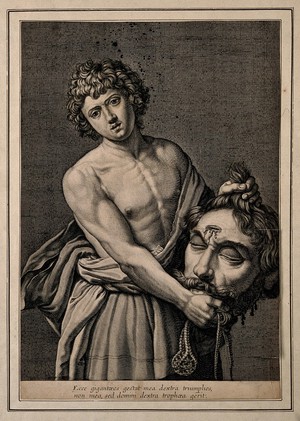 view David with the head of Goliath. Line engraving by G. Rousselet after G. Reni.