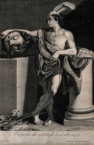 view David with the head of Goliath. Line engraving by G. Rousselet after G. Reni.