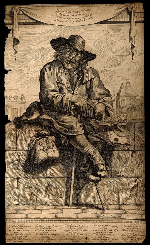 Guillaume de Limoge, a crippled street singer. Etching by G. Audran.