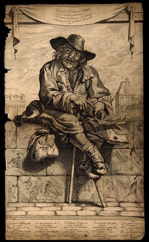 view Guillaume de Limoges, a lame street singer. Etching by G. Audran.